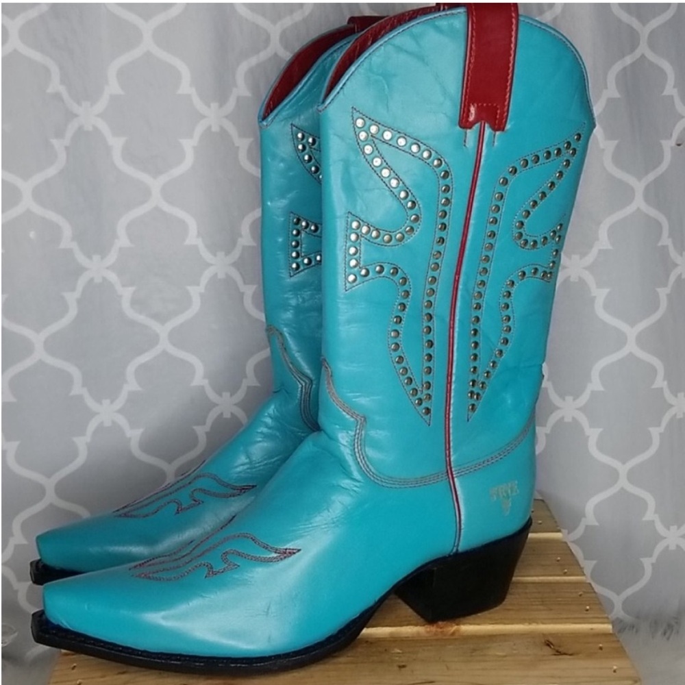 Amazing turquoise and red leather studded Frye western cowboy boots